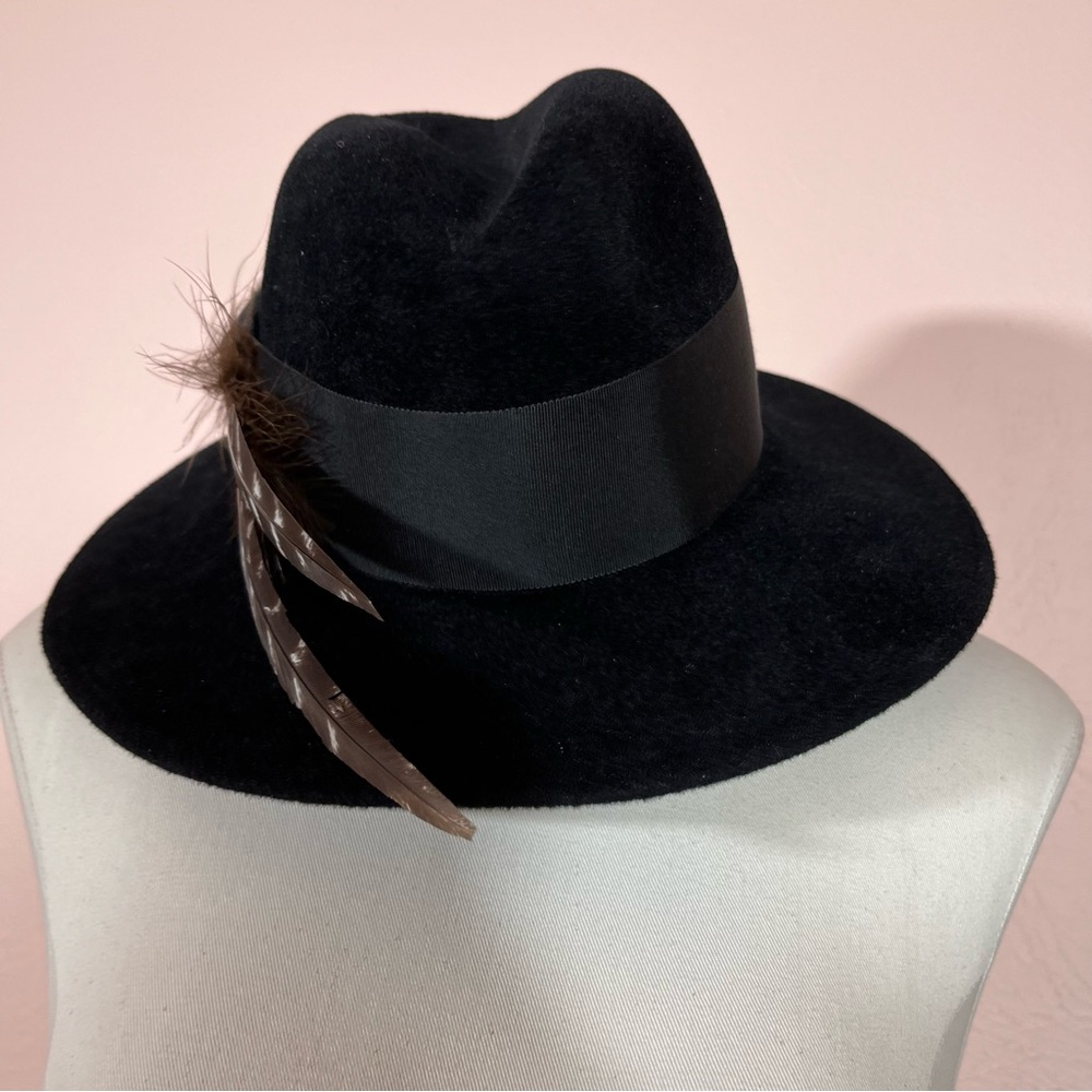 Vintage 1980 Retro Georgi Black Velvet wide flat brim Art Deco fedora Feather - Picture 5 of 16